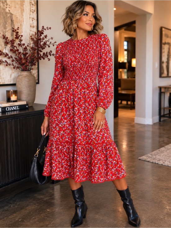 Lost + Wander Dresses & Skirts - Lost + Wander Red Floral Smocked Midi Dress